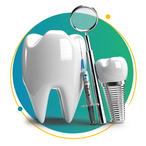 A molar, a dental mirror, a syringe and an implant, illustrating the range of treatment provided