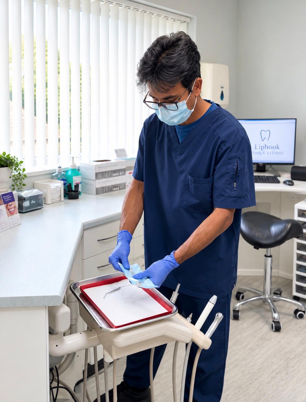 A clinician at Liphook Smile Studio preparing instruments beside the chair