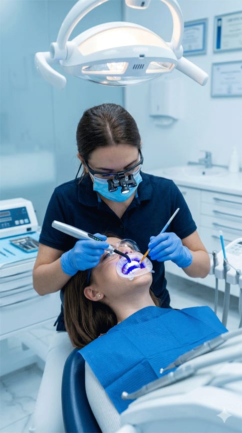 A dentist bonding composite veneers to a patient’s front teeth