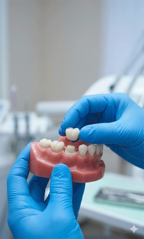 A dental crown being prepared for fitting