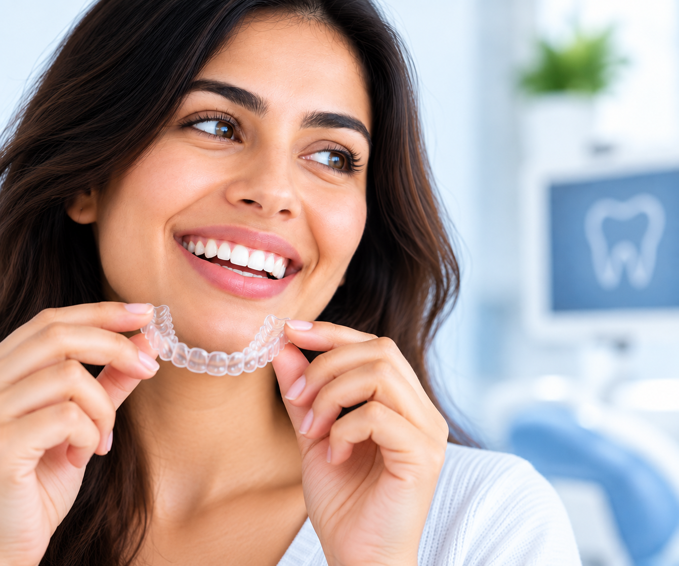 A clear Invisalign aligner being placed